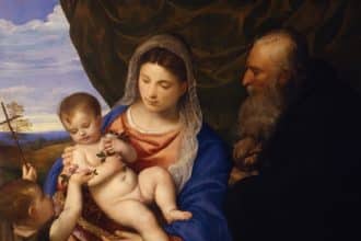 Madonna delle rose di tiziano con il manto dipinto in blu