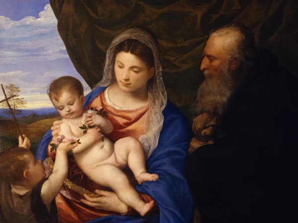 Madonna delle rose di tiziano con il manto dipinto in blu