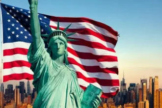 La statua della libertà e bandiera usa