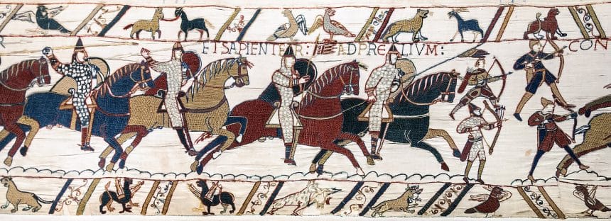 Arazzo di bayeux, scena della battaglia di hastings con cavalieri e arcieri normanni