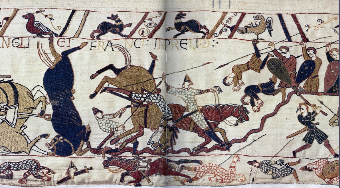 Arazzo di bayeux, cavalieri e cavalli durante la battaglia di hastings