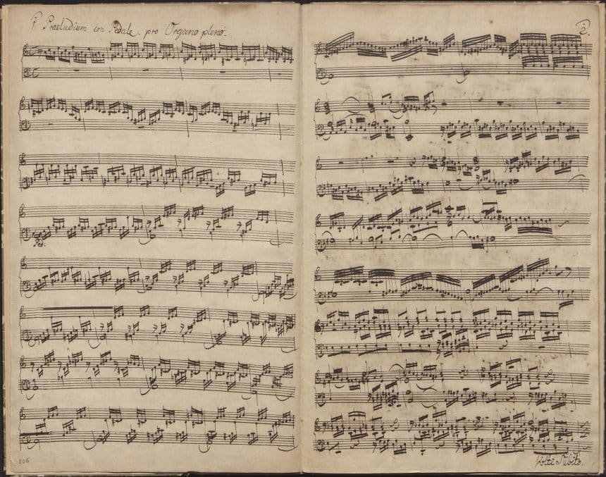 Manoscritto musicale del preludio in la minore bwv 543 di johann sebastian bach