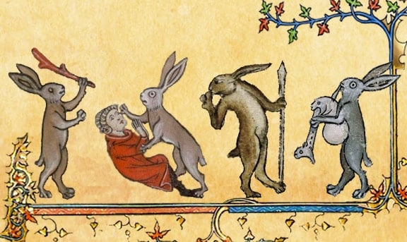 Conigli armati nelle marginalia di un manoscritto medievale