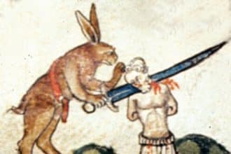 Coniglio che decapita un uomo nelle smithfield decretals medievali