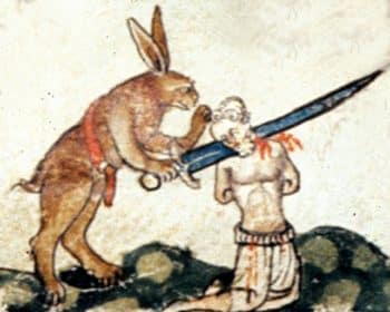 Coniglio che decapita un uomo nelle smithfield decretals medievali