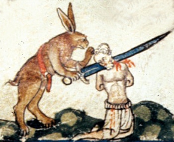 Coniglio che decapita un uomo nelle smithfield decretals medievali