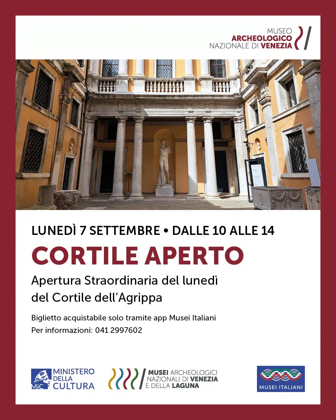 Cortile dell'agrippa al museo archeologico nazionale di venezia, apertura straordinaria 7 settembre 2026