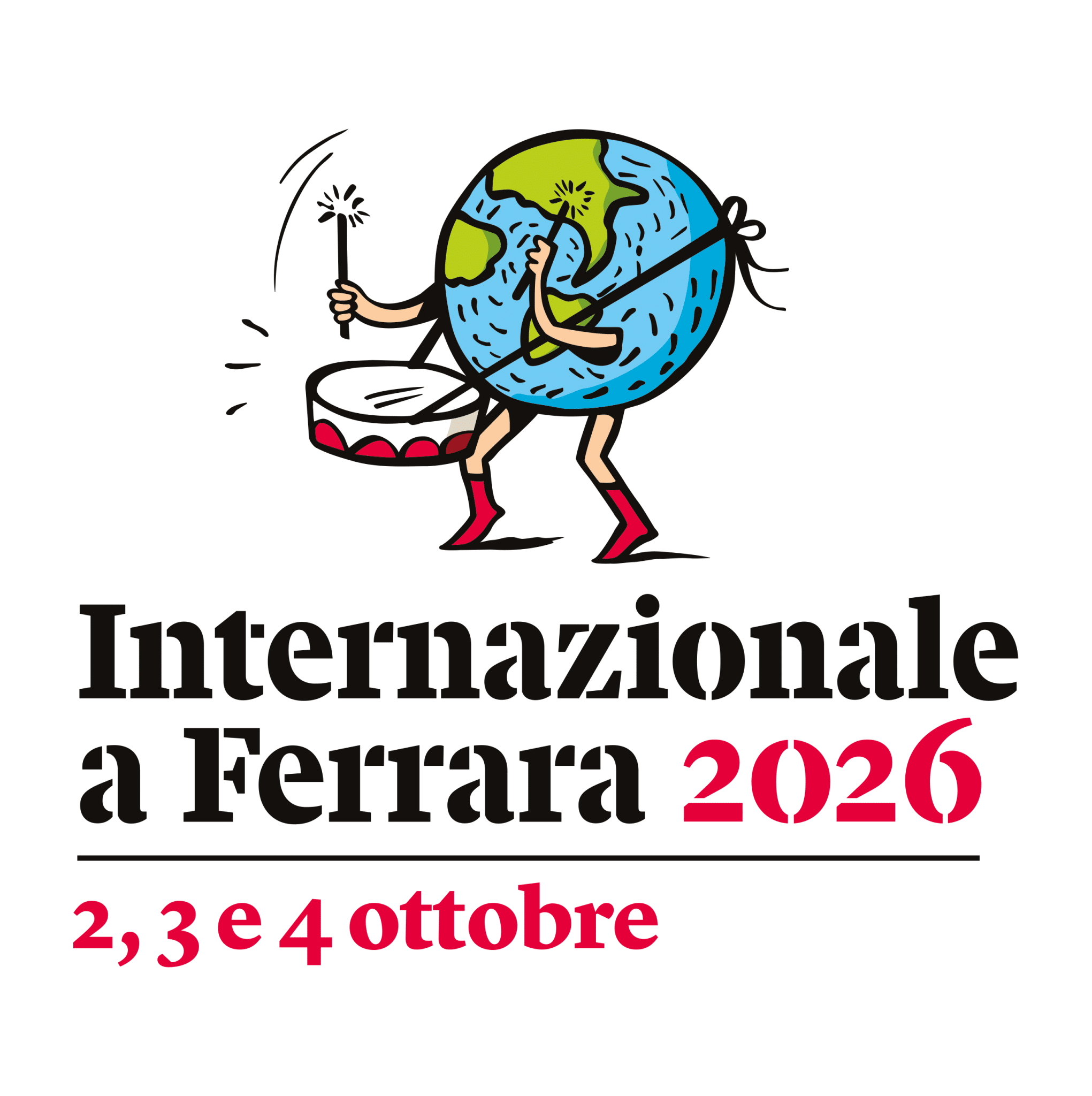 Internazionale a ferrara 2026, logo ufficiale con il mondo che suona il tamburo