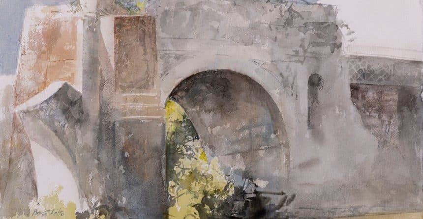 Pedro cano, ponte rotto, acquerello esposto a villa torlonia nella mostra siete e roma