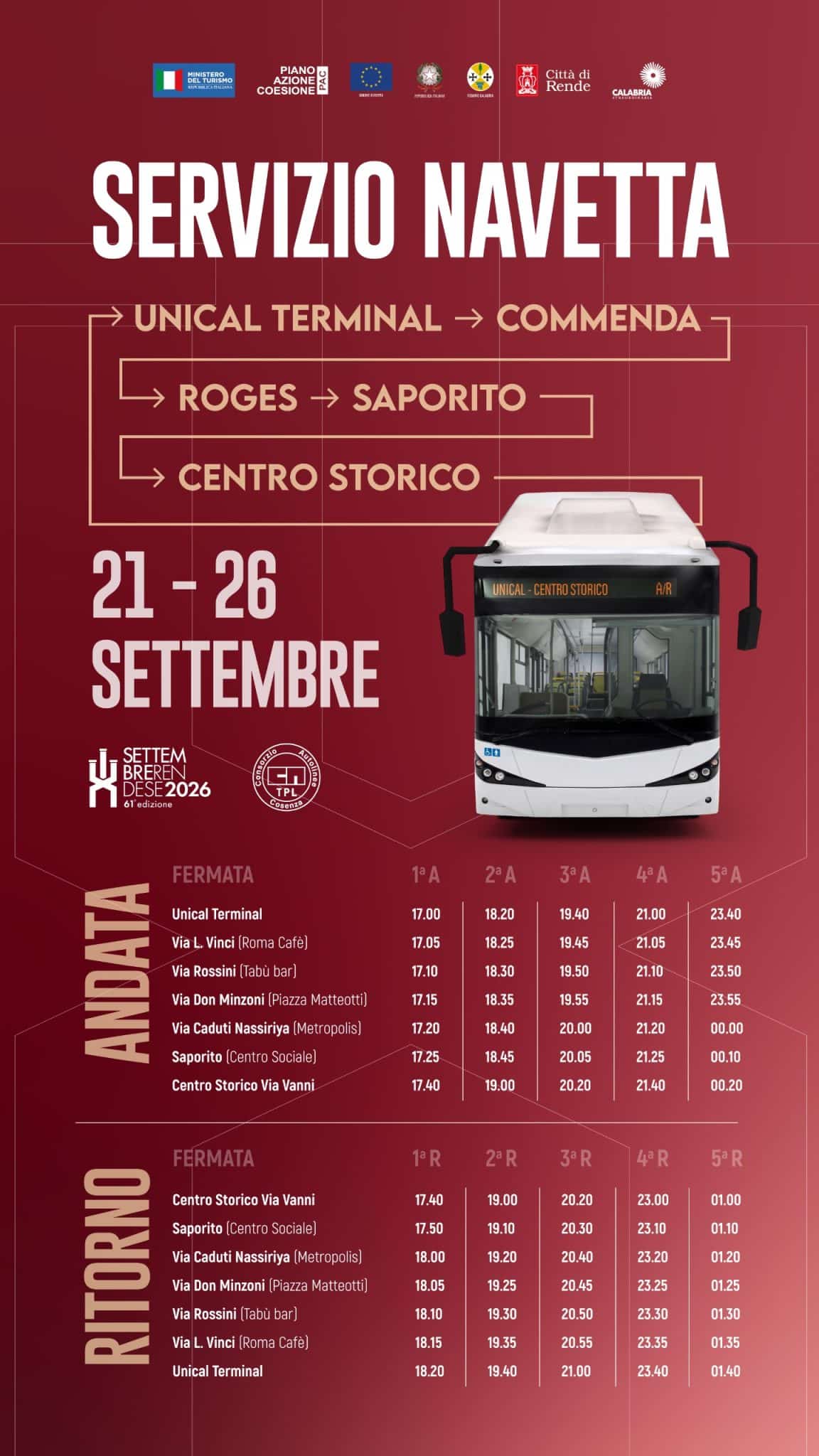 Servizio navetta settembre rendese 2026