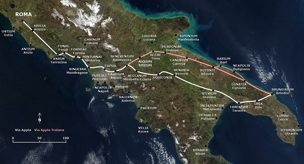 Mappa della via appia e della via appia traiana