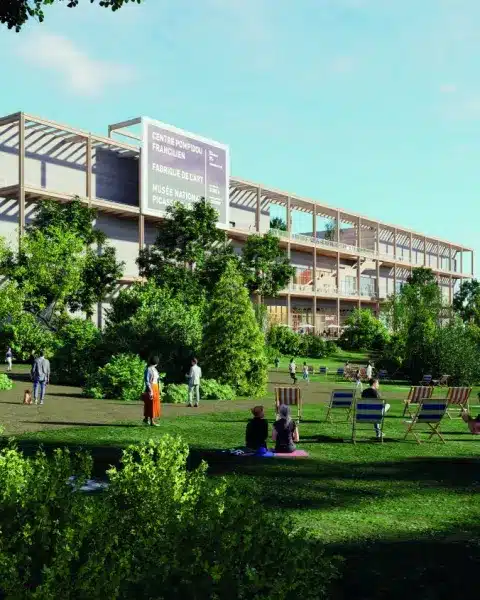 Rendering del centre pompidou francilien a massy con visitatori nel parco
