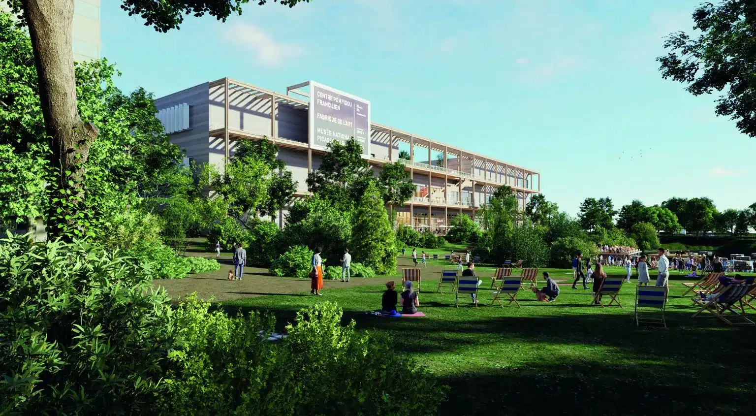 Rendering del centre pompidou francilien a massy con visitatori nel parco