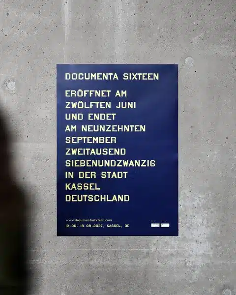 Manifesto ufficiale di documenta 16 a kassel con le date 12 giugno - 19 settembre 2027