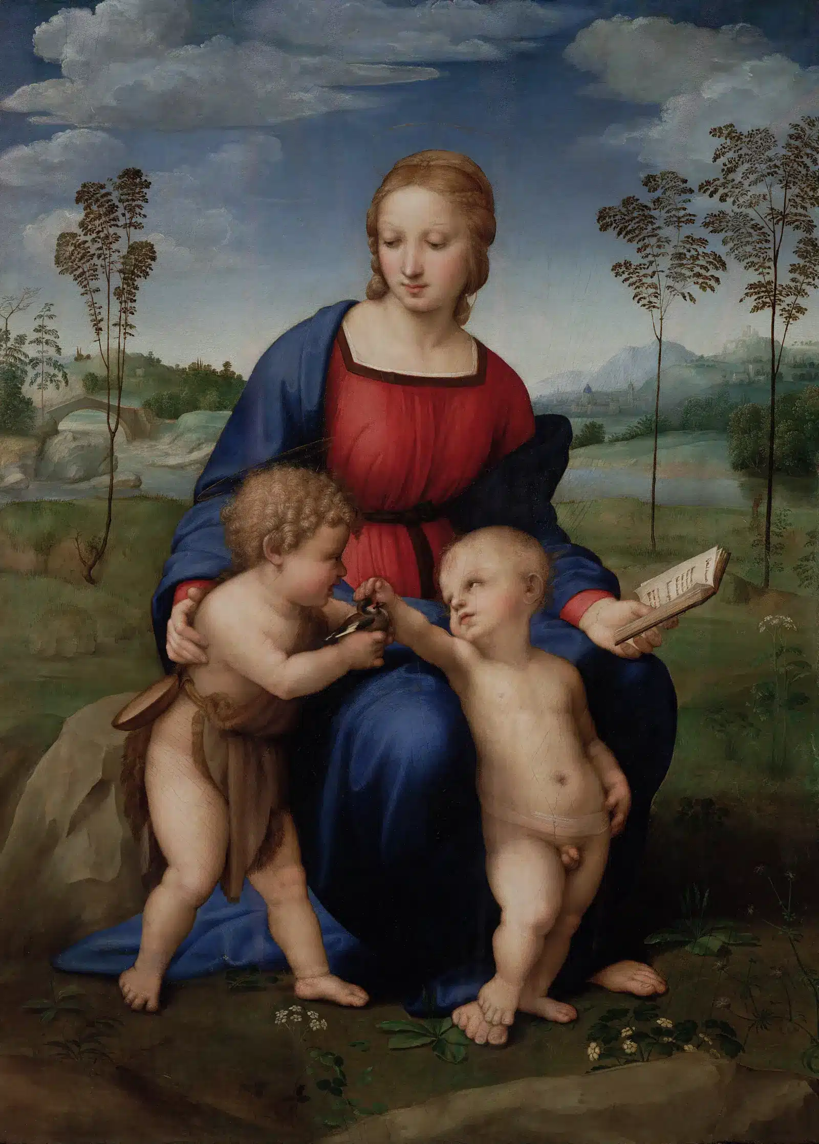 Raffaello, madonna del cardellino: maria con gesù e san giovannino che tiene un cardellino