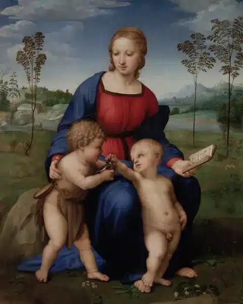 Raffaello, madonna del cardellino: maria con gesù e san giovannino che tiene un cardellino