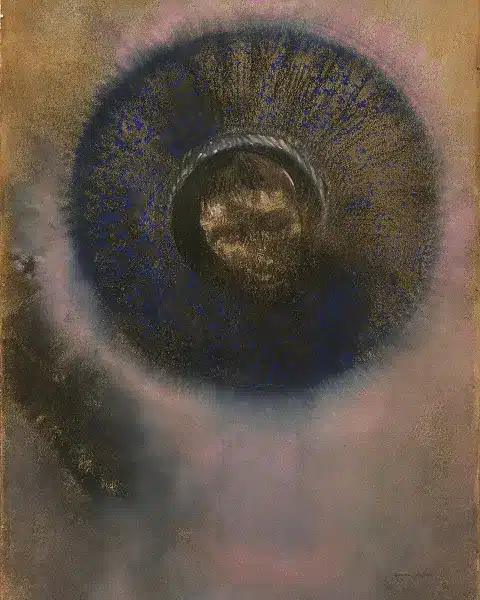 Odilon redon, head within an aureole, disegno su carta originariamente rosa, getty museum