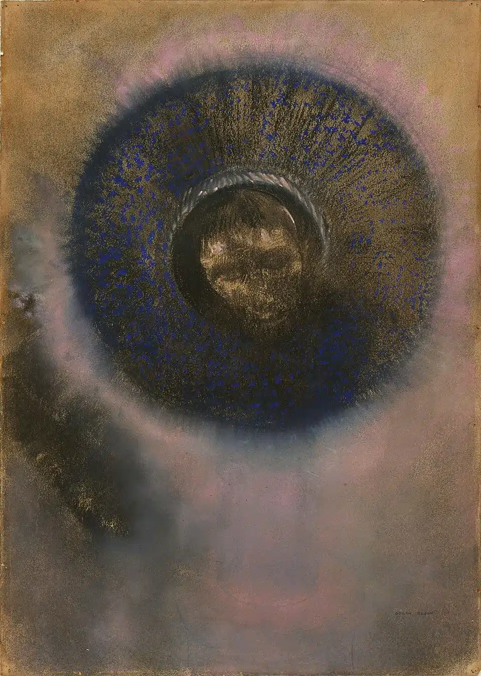 Odilon redon, head within an aureole, disegno su carta originariamente rosa, getty museum