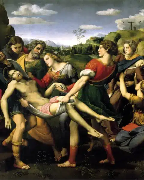Raffaello, pala baglioni: il trasporto di cristo al sepolcro, con la vergine sorretta dalle pie donne