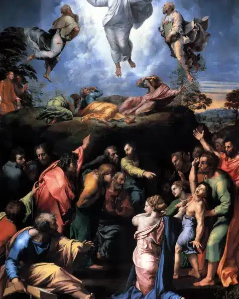 Trasfigurazione di raffaello: cristo con mosè ed elia in alto, gli apostoli e il ragazzo in basso