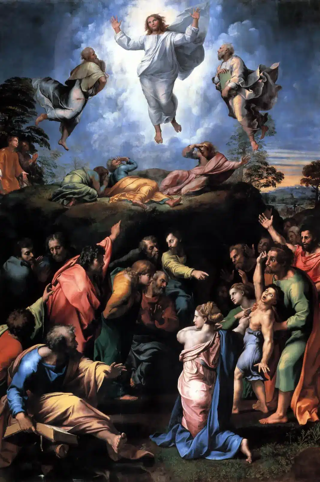 Trasfigurazione di raffaello: perché ci sono due scene? La trasfigurazione di raffaello: cristo luminoso nella metà superiore e la folla con il ragazzo nella metà inferiore