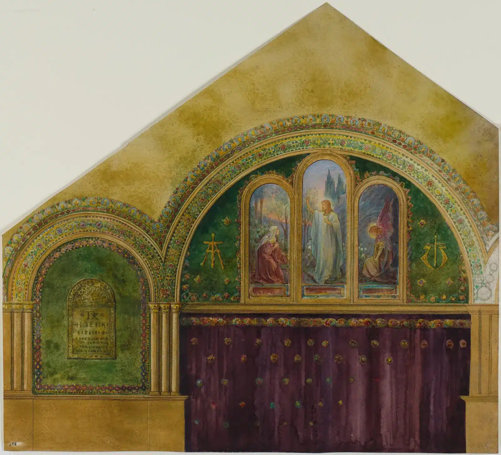 Disegno di tiffany studios per interno di chiesa con vetrata noli me tangere