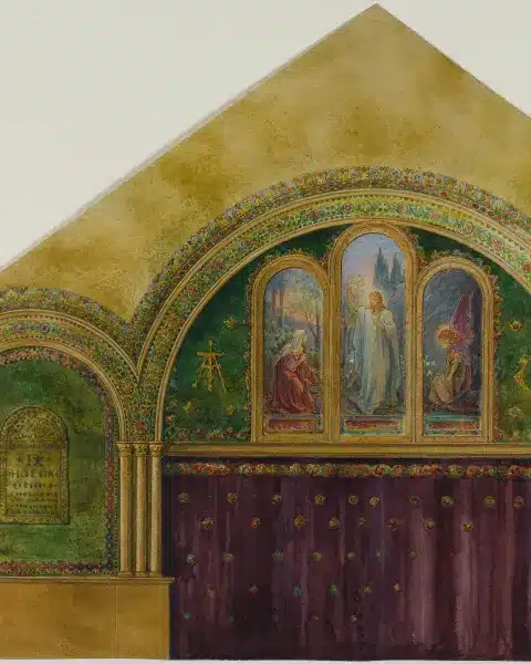 Disegno di tiffany studios per interno di chiesa con vetrata noli me tangere